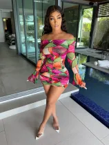 EVE Sexy Off Shoulder Mesh Print Mini Dress YS-8806