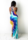 EVE Tie Dye Print Cross Strap Split Maxi Dress WY-6763