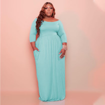 EVE Plus Size Solid High Waist 3/4 Sleeves Pocket Maxi Dress YAOF-80043