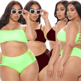EVE Sexy Plus Size Solid Color Sling Hollow Swimsuit Two Piece Set CQ-123