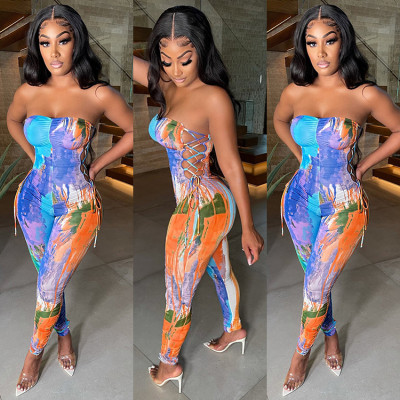 EVE Sexy Printed Off Shoulder Strapless Lace-Up Jumpsuit GLF-8170