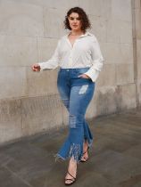 EVE Plus Size Denim Ripped Hole Flared Jeans HSF-2405