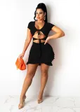 EVE Sexy Solid Lace-Up Ruffled Hollow Mini Dress BS-1272
