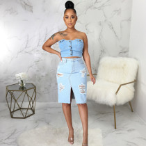 EVE Denim Ripped Hole Split Midi Skirt HSF-2521