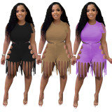 EVE Solid Short Sleeve Hole Tassel Two Piece Shorts Set MYP-8978