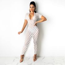 EVE Sexy Hole Short Sleeve Hollow Out Jumpsuit YIBF-6088