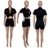 Solid Short Sleeve Shirt Top And Shorts 2 Piece Sets CYAO-00017