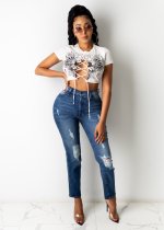 EVE Sexy Printed Lace-Up Short Sleeve Crop Top SXF-1108