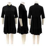 EVE Plus Size Solid High Waist Short Sleeve Shirt Dress BMF-068