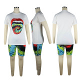 EVE Plus Size Printed T Shirt Shorts Two Piece Suit TE-4031