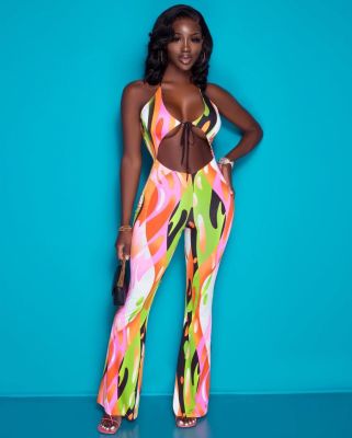 EVE Plus Size Sexy Printed Halter One-Piece Jumpsuit OMMF-1170