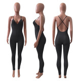 EVE Sexy Solid V Neck Backless Cross Strap Jumpsuit NIK-252