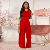 EVE Loose Solid Color Short Sleeve Wide-leg Pants Two Piece Sets TE-4259