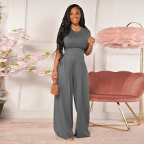 EVE Loose Solid Color Short Sleeve Wide-leg Pants Two Piece Sets TE-4259
