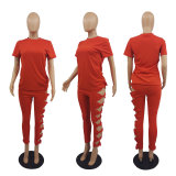 EVE Plus Size Solid T Shirt Hollow Pants 2 Piece Sets MTY-6553