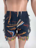 EVE Sexy Printed One Shoulder Tassel Shorts 2 Piece Sets AMLF-2160