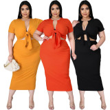EVE Plus Size Solid Tie Up Short Sleeve Long Skirt 2 Piece Sets LDS-3283