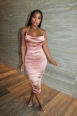 Sexy Halter Backless Ruched Midi Dress YH-5230