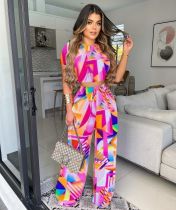 EVE Casual Printed Short Sleeve Wide Leg Pants 2 Piece Sets XSF-6060