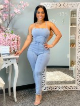 EVE Plus Size Denim Backless Cross-Strap Jumpsuit LX-6060