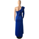 EVE Elegant Solid One Shoulder Ruffled Split Long Evening Dress QYF-5071