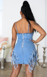 EVE Plus Size Denim Tassel Spaghetti Strap Mini Dress LX-3003