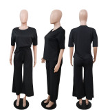 EVE Casual Solid Short Sleeve Two Piece Pants Set AWF-5889