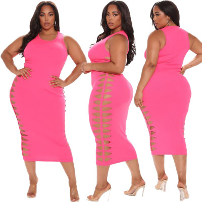 EVE Plus Size Solid Sleveless Hollow Out Midi Dress CQ-CQ131