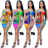 EVE Sexy Printed Wrap Chest Hollow Mini Skirt 2 Piece Sets ARM-8301
