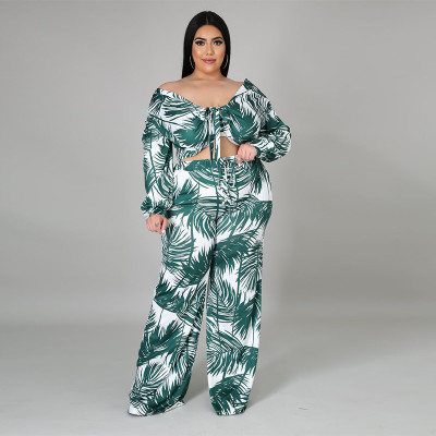 Plus Size Print Fashion Casual Long Sleeve Top And Wide-leg Pants Two Piece Sets CYA-1605