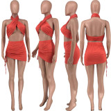 EVE Sexy Solid Color Halter Neck Crop Tops And Skirt Two Piece Sets MXDF-6017