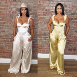 EVE Sexy Satin Sleeveless Strap Wide Leg Jumpsuit BN-9286