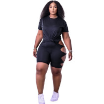 EVE Plus Size Solid T Shirt Hole Shorts Two Piece Suits YS-8818