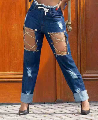 EVE Plus Size Denim Ripped Hole Straight Jeans Pants LSL-6456