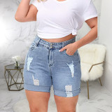 EVE Plus Size Frayed Hole High-Waist Denim Shorts HSF-2569