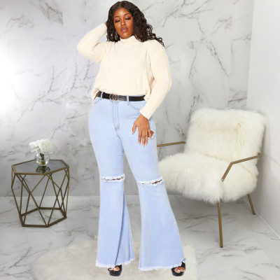 EVE Plus Size Fashion Ripped Denim Flared Pants HSF-2417