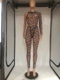 EVE Sexy Leopard Mesh One Shoulder Bodysuit+Pants 2 Piece Sets DMF-8181