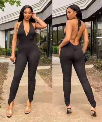 EVE Solid Color Sexy Backless Jumpsuit LFDF-8001