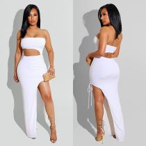 EVE Sexy Solid Ribbed Strapless Hollow Split Long Dress MNSF-8210