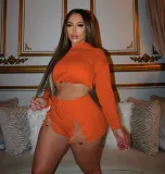 EVE Solid Hooded Long Sleeve Drawstring 2 Piece Shorts Set OYF-8275