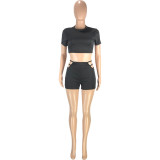 EVE Sexy Solid Short Sleeve Hollow Shorts 2 Piece Sets MEI-9193