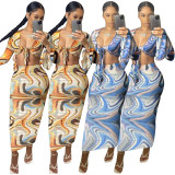 EVE Sexy Printed Long Sleeve Maxi Skirt 2 Piece Sets MOF-6635
