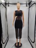 EVE Solid One Shoulder Crop Top+Mini Skirt+Mesh Long Dress 3 Piece Sets MTY-6561