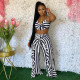 EVE Plus Size Striped Sling Crop Top+Ruffled Pants 2 Piece Sets YIM-201