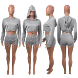 EVE Solid Hooded Long Sleeve Drawstring 2 Piece Shorts Set NIK-255