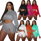 EVE Solid Hooded Long Sleeve Drawstring 2 Piece Shorts Set NIK-255