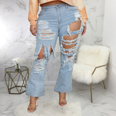 EVE Plus Size Denim Ripped Tassel Flared Jeans Pants HSF-2535