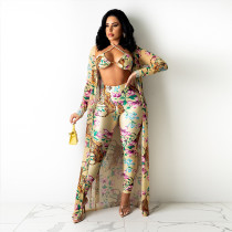 EVE Floral Print Bra Top+Long Cloak+Pants 3 Piece Sets CYA-9109