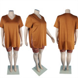 EVE Plus Size Split V Neck T Shirt+Leopard Shorts 2 Piece Sets MUKF-055