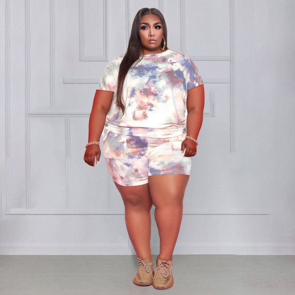 EVE Plus Size Tie Dye T Shirt And Shorts 2 Piece Sets MUKF-038